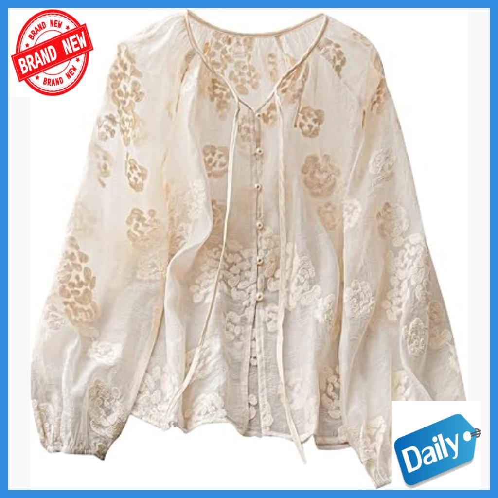 Women's Boho Peasant Blouse Floral Embroidered Sheer Tie Front Long Sleeve